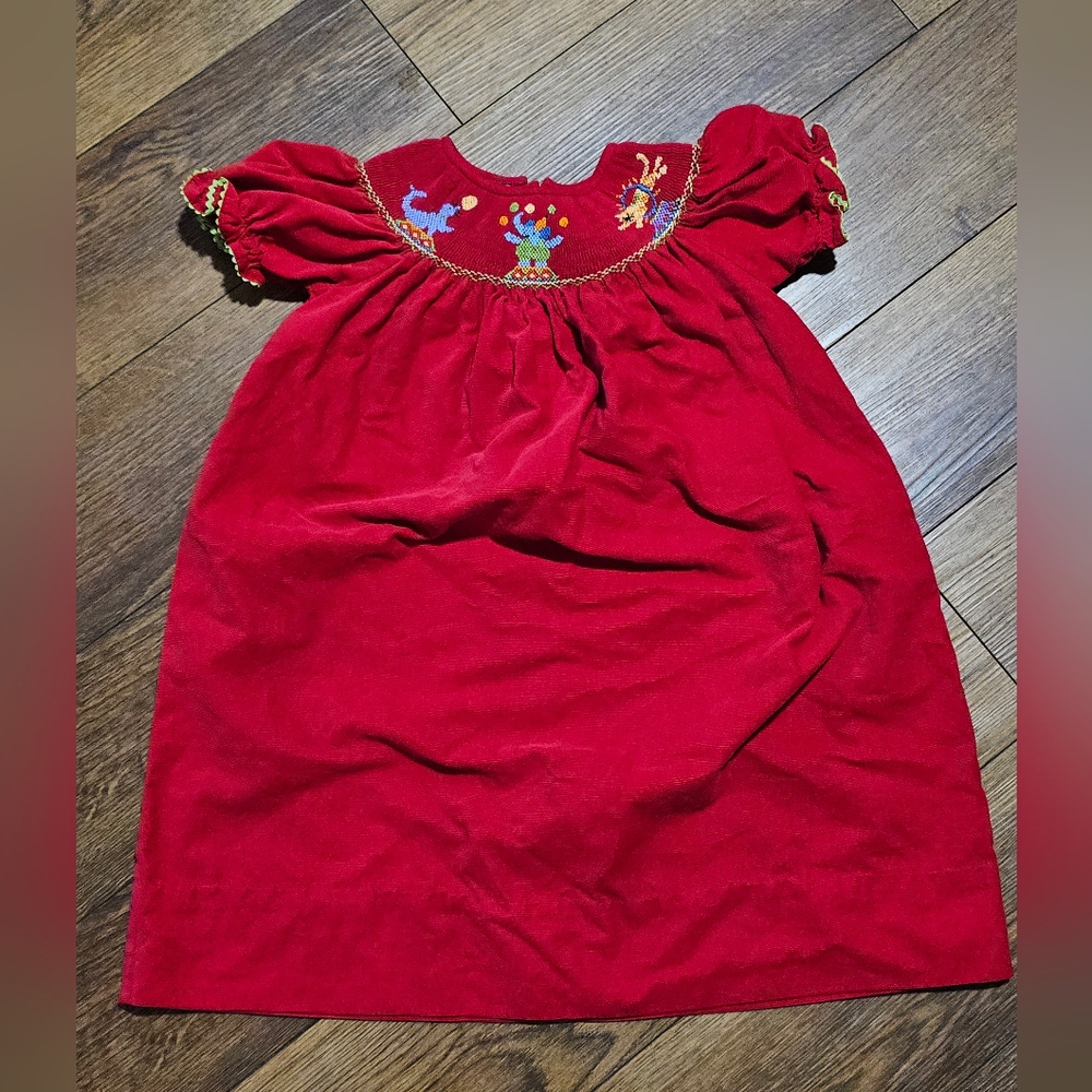 Hand Smocked Red Circus‎ Animals Dress Girls Sz 4 Cotton Anavini Puff Sleeve